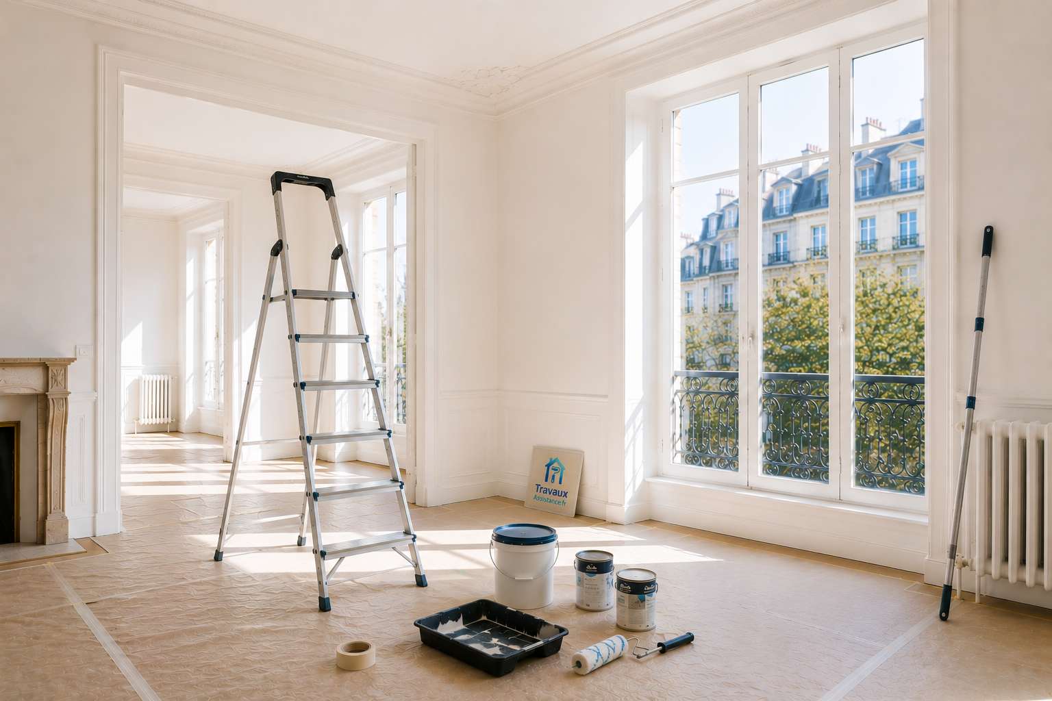Pièce lumineuse en rénovation intérieure avec escabeau, protections de sol et matériel de peinture